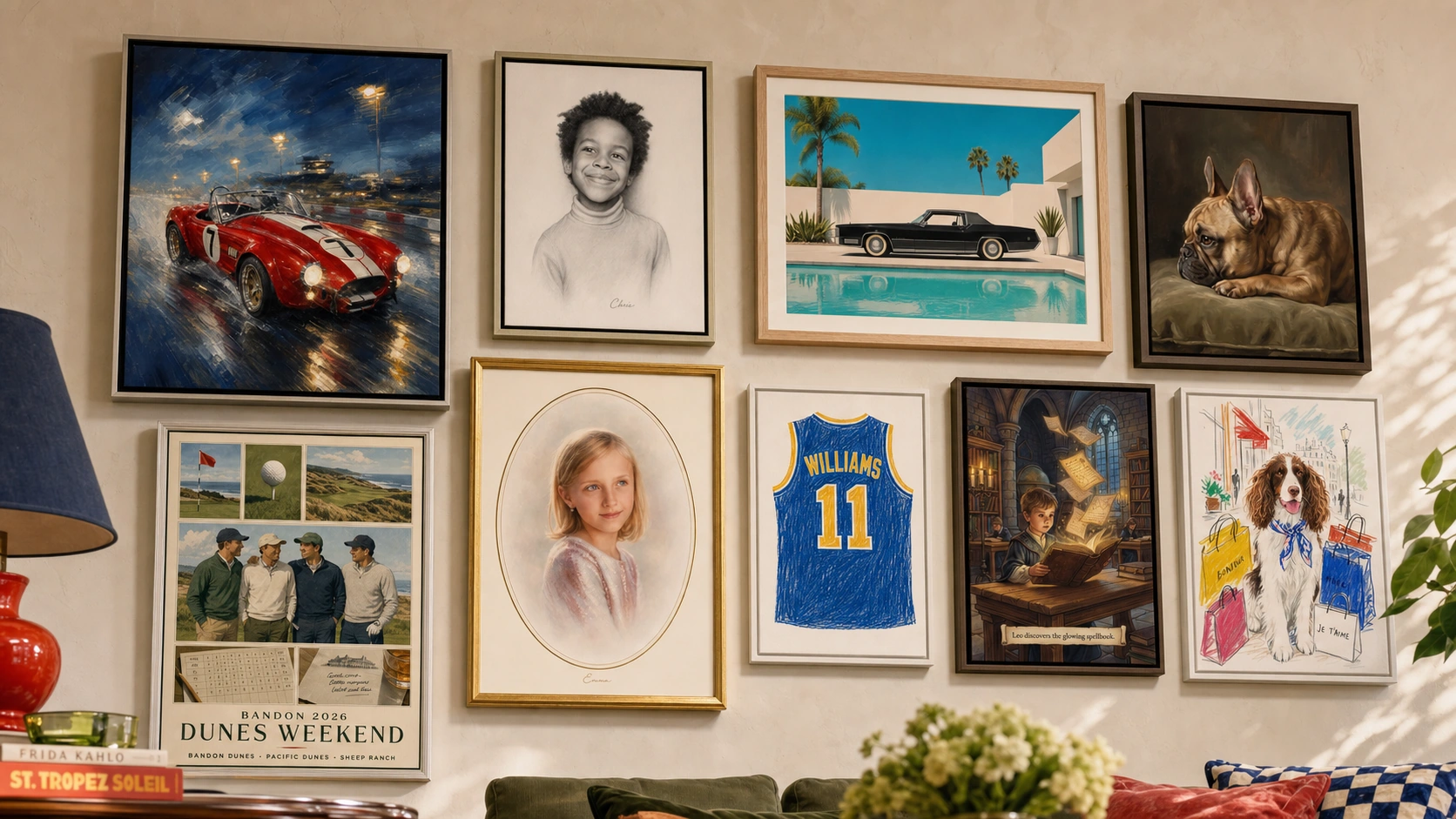 A salon wall of ArtPop portraits framed and hung together — a red race car, a French bulldog, a child's portrait, a basketball jersey and more